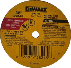 DeWALT - 2-1/2" 60 Grit Aluminum Oxide Cutoff Wheel - 0.035" Thick, 1/4" Arbor, 30,500 Max RPM, Use with Circular Saws - A1 Tooling