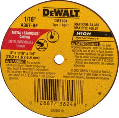 DeWALT - 3" 36 Grit Aluminum Oxide Cutoff Wheel - 1/16" Thick, 1/4" Arbor, 24,400 Max RPM, Use with Circular Saws - A1 Tooling