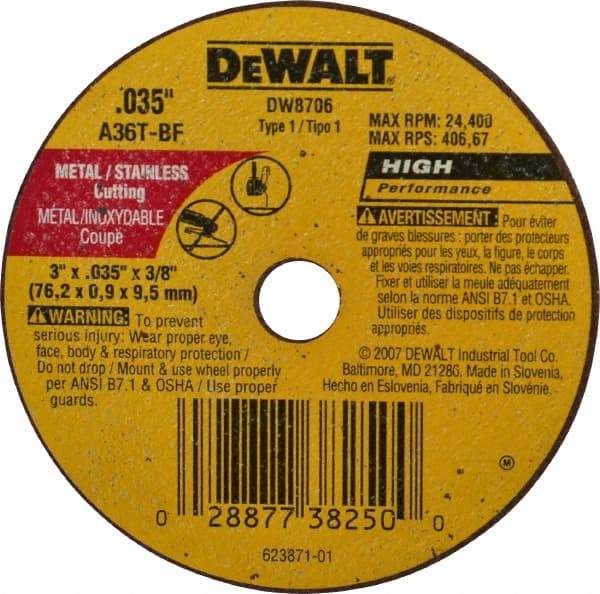 DeWALT - 3" 36 Grit Aluminum Oxide Cutoff Wheel - 0.035" Thick, 3/8" Arbor, 24,400 Max RPM, Use with Circular Saws - A1 Tooling