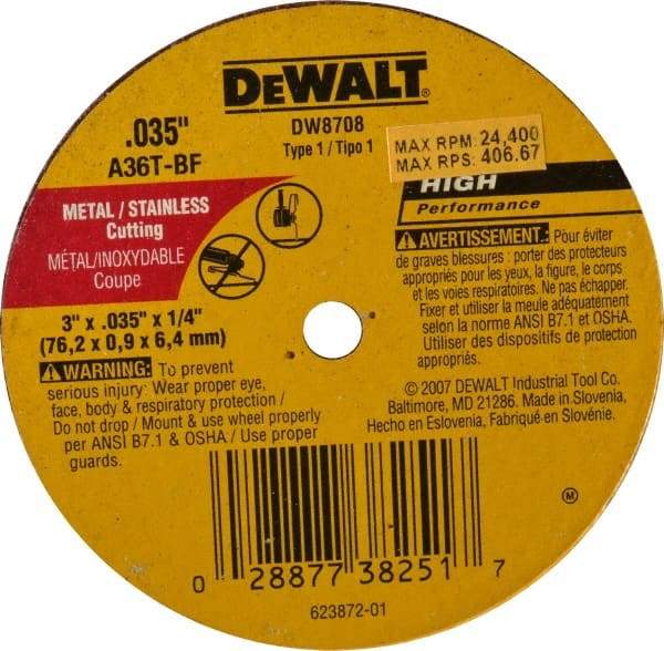 DeWALT - 3" 36 Grit Aluminum Oxide Cutoff Wheel - 0.035" Thick, 1/4" Arbor, 24,400 Max RPM, Use with Circular Saws - A1 Tooling