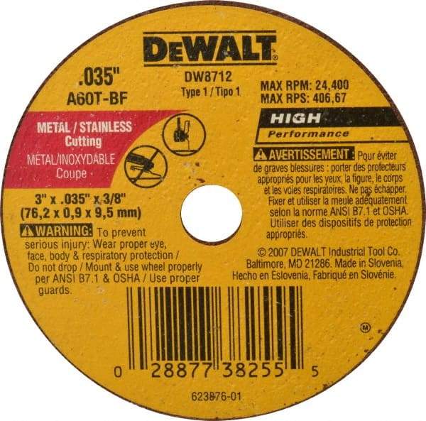 DeWALT - 3" 60 Grit Aluminum Oxide Cutoff Wheel - 0.035" Thick, 3/8" Arbor, 24,400 Max RPM, Use with Circular Saws - A1 Tooling