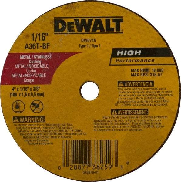 DeWALT - 4" 36 Grit Aluminum Oxide Cutoff Wheel - 1/16" Thick, 3/8" Arbor, 19,000 Max RPM, Use with Circular Saws - A1 Tooling