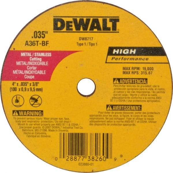 DeWALT - 4" 36 Grit Aluminum Oxide Cutoff Wheel - 0.035" Thick, 3/8" Arbor, 19,000 Max RPM, Use with Circular Saws - A1 Tooling