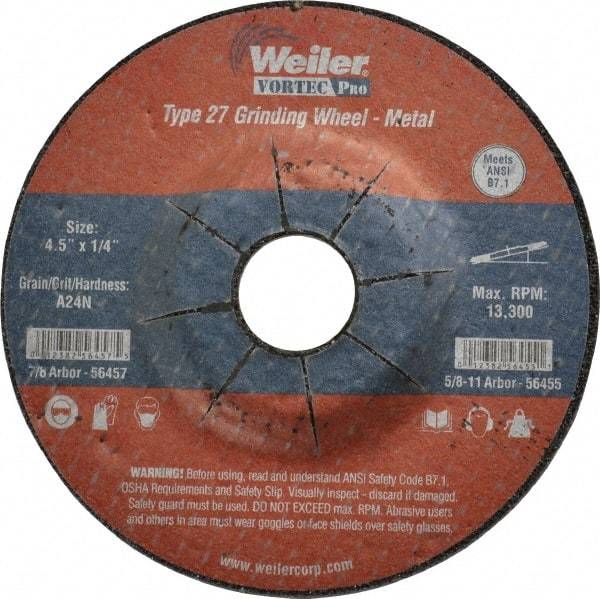 Weiler - 24 Grit, 4-1/2" Wheel Diam, 1/4" Wheel Thickness, 7/8" Arbor Hole, Type 27 Depressed Center Wheel - Very Coarse Grade, Aluminum Oxide, Resinoid Bond, N Hardness, 13,300 Max RPM, Compatible with Angle Grinder - A1 Tooling