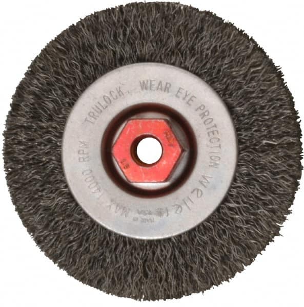 Weiler - 4" OD, M10x1.50 Arbor Hole, Crimped Steel Wheel Brush - 1/2" Face Width, 7/8" Trim Length, 0.014" Filament Diam, 14,000 RPM - A1 Tooling