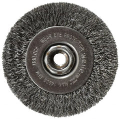 Weiler - 4" OD, 1/2-13 Arbor Hole, Crimped Steel Wheel Brush - 1/2" Face Width, 7/8" Trim Length, 0.014" Filament Diam, 14,000 RPM - A1 Tooling