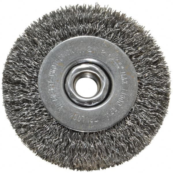 Weiler - 4" OD, 5/8-11 Arbor Hole, Crimped Steel Wheel Brush - 1/2" Face Width, 7/8" Trim Length, 0.014" Filament Diam, 14,000 RPM - A1 Tooling