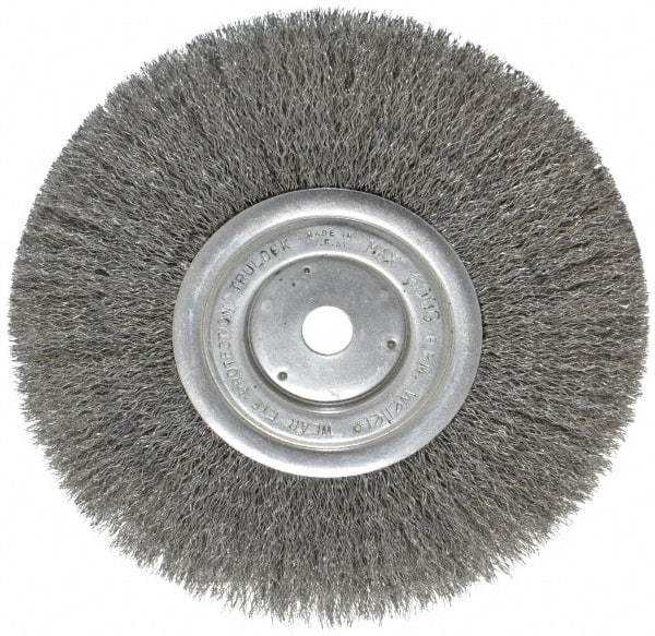 Weiler - 8" OD, 5/8" Arbor Hole, Crimped Steel Wheel Brush - 3/4" Face Width, 2-1/16" Trim Length, 0.0104" Filament Diam, 6,000 RPM - A1 Tooling