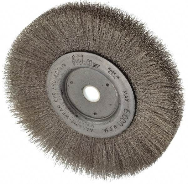 Weiler - 6" OD, 5/8" Arbor Hole, Crimped Stainless Steel Wheel Brush - 3/4" Face Width, 1-7/16" Trim Length, 0.006" Filament Diam, 6,000 RPM - A1 Tooling