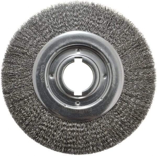 Weiler - 10" OD, 2" Arbor Hole, Crimped Steel Wheel Brush - 1-1/8" Face Width, 2" Trim Length, 0.014" Filament Diam, 3,600 RPM - A1 Tooling