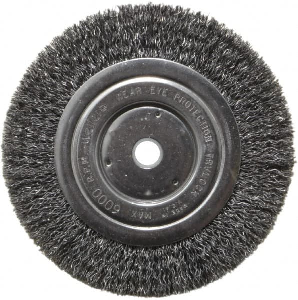 Weiler - 6" OD, 5/8" Arbor Hole, Crimped Steel Wheel Brush - 5/8" Face Width, 1-1/16" Trim Length, 0.014" Filament Diam, 6,000 RPM - A1 Tooling