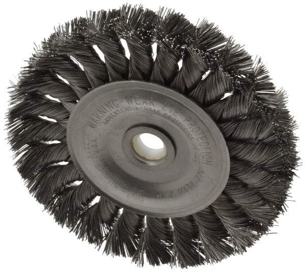 Weiler - 4" OD, 1/2" Arbor Hole, Knotted Steel Wheel Brush - 1/2" Face Width, 7/8" Trim Length, 0.0118" Filament Diam, 20,000 RPM - A1 Tooling