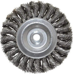 Weiler - 4" OD, 1/2" Arbor Hole, Knotted Steel Wheel Brush - 1/2" Face Width, 7/8" Trim Length, 0.014" Filament Diam, 20,000 RPM - A1 Tooling