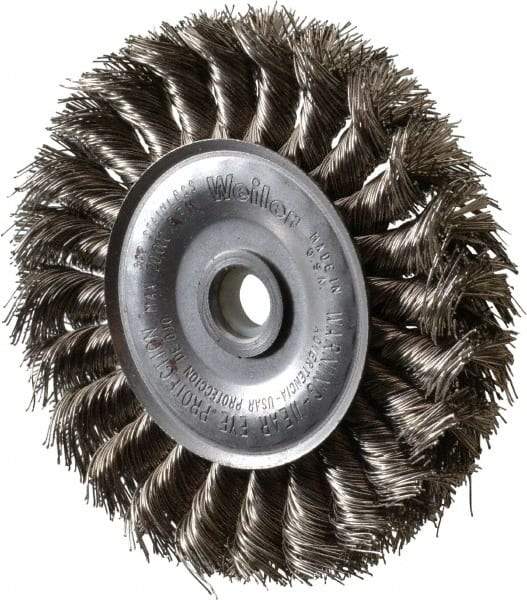 Weiler - 4" OD, 1/2" Arbor Hole, Knotted Stainless Steel Wheel Brush - 1/2" Face Width, 7/8" Trim Length, 0.014" Filament Diam, 20,000 RPM - A1 Tooling