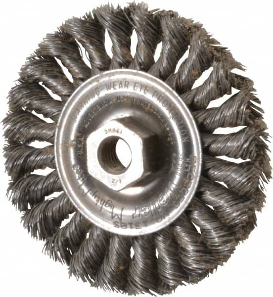 Weiler - 4" OD, 1/2-13 Arbor Hole, Knotted Steel Wheel Brush - 1/2" Face Width, 7/8" Trim Length, 0.014" Filament Diam, 20,000 RPM - A1 Tooling