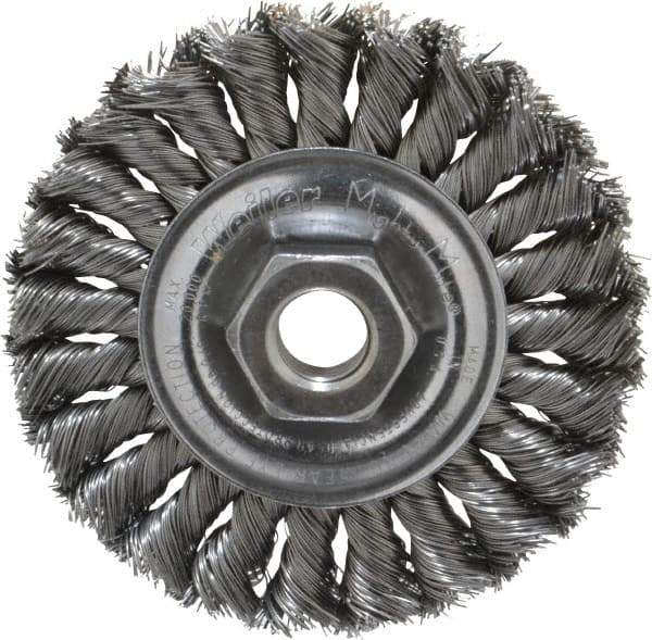 Weiler - 4" OD, 5/8-11 Arbor Hole, Knotted Steel Wheel Brush - 1/2" Face Width, 7/8" Trim Length, 0.014" Filament Diam, 20,000 RPM - A1 Tooling