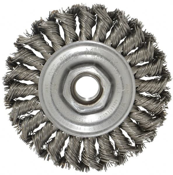 Weiler - 4" OD, 5/8-11 Arbor Hole, Knotted Steel Wheel Brush - 1/2" Face Width, 7/8" Trim Length, 0.02" Filament Diam, 20,000 RPM - A1 Tooling