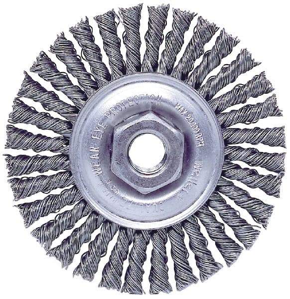 Weiler - 4" OD, M10x1.50 Arbor Hole, Knotted Stainless Steel Wheel Brush - 3/16" Face Width, 7/8" Trim Length, 0.02" Filament Diam, 20,000 RPM - A1 Tooling