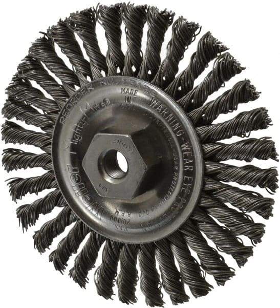 Weiler - 4" OD, 3/8-24 Arbor Hole, Knotted Steel Wheel Brush - 3/16" Face Width, 7/8" Trim Length, 0.02" Filament Diam, 20,000 RPM - A1 Tooling