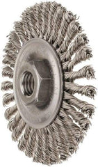 Weiler - 4" OD, 5/8-11 Arbor Hole, Knotted Stainless Steel Wheel Brush - 3/16" Face Width, 7/8" Trim Length, 0.02" Filament Diam, 20,000 RPM - A1 Tooling