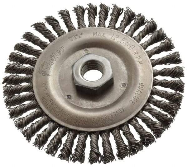 Weiler - 5" OD, 5/8-11 Arbor Hole, Knotted Steel Wheel Brush - 3/16" Face Width, 7/8" Trim Length, 0.02" Filament Diam, 12,500 RPM - A1 Tooling