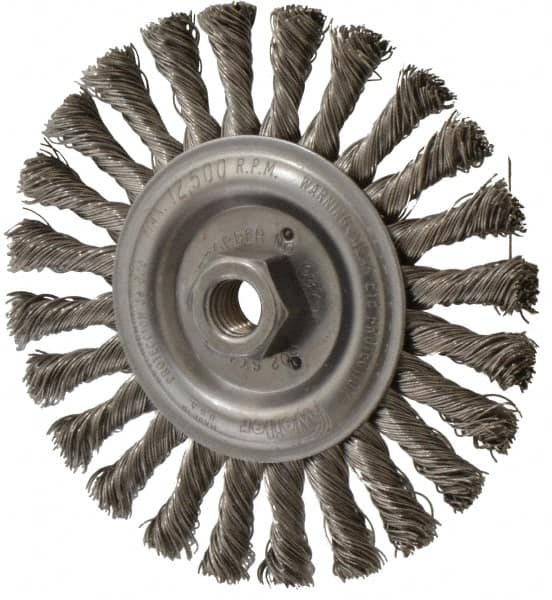 Weiler - 6" OD, 5/8-11 Arbor Hole, Knotted Stainless Steel Wheel Brush - 1/2" Face Width, 1-3/8" Trim Length, 0.023" Filament Diam, 12,500 RPM - A1 Tooling