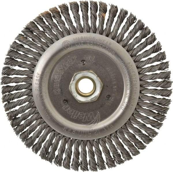 Weiler - 6" OD, 5/8-11 Arbor Hole, Knotted Steel Wheel Brush - 3/16" Face Width, 1-1/8" Trim Length, 0.02" Filament Diam, 12,500 RPM - A1 Tooling