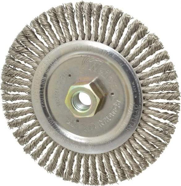 Weiler - 6" OD, 5/8-11 Arbor Hole, Knotted Stainless Steel Wheel Brush - 3/16" Face Width, 1-1/8" Trim Length, 0.02" Filament Diam, 12,500 RPM - A1 Tooling