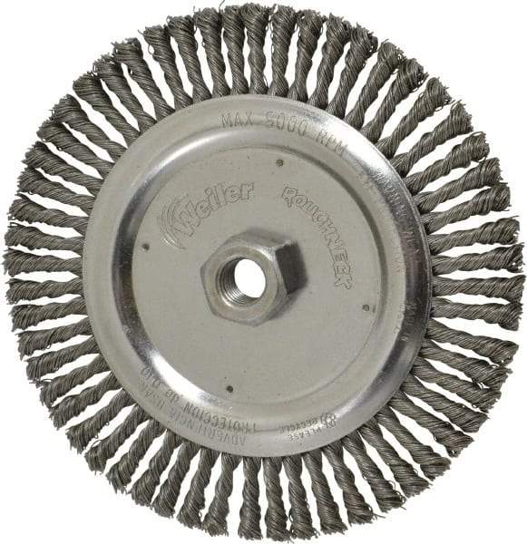 Weiler - 6-7/8" OD, 5/8-11 Arbor Hole, Knotted Steel Wheel Brush - 3/16" Face Width, 1-1/8" Trim Length, 0.02" Filament Diam, 9,000 RPM - A1 Tooling