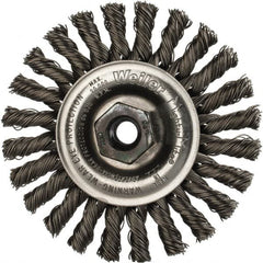 Weiler - 4" OD, M10x1.25 Arbor Hole, Knotted Steel Wheel Brush - 1/4" Face Width, 7/8" Trim Length, 0.02" Filament Diam, 20,000 RPM - A1 Tooling