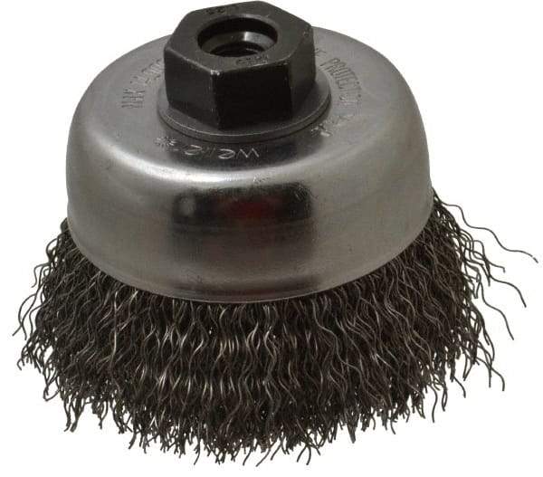 Weiler - 3" Diam, M10x1.25 Threaded Arbor, Steel Fill Cup Brush - 0.014 Wire Diam, 7/8" Trim Length, 14,000 Max RPM - A1 Tooling