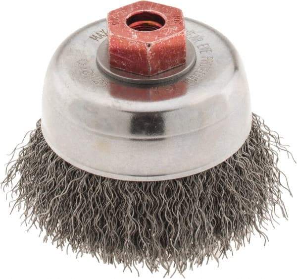 Weiler - 3" Diam, M10x1.50 Threaded Arbor, Steel Fill Cup Brush - 0.014 Wire Diam, 7/8" Trim Length, 14,000 Max RPM - A1 Tooling