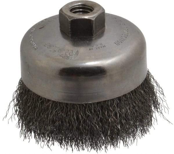 Weiler - 4" Diam, 5/8-11 Threaded Arbor, Steel Fill Cup Brush - 0.0118 Wire Diam, 1-3/8" Trim Length, 9,000 Max RPM - A1 Tooling