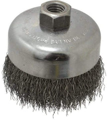 Weiler - 4" Diam, 5/8-11 Threaded Arbor, Steel Fill Cup Brush - 0.014 Wire Diam, 1-3/8" Trim Length, 9,000 Max RPM - A1 Tooling