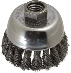 Weiler - 2-3/4" Diam, 5/8-11 Threaded Arbor, Steel Fill Cup Brush - 0.014 Wire Diam, 7/8" Trim Length, 14,000 Max RPM - A1 Tooling