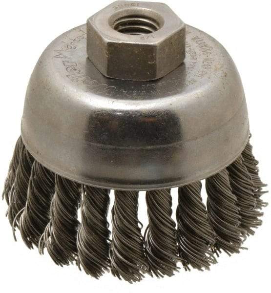 Weiler - 2-3/4" Diam, 1/2-13 Threaded Arbor, Steel Fill Cup Brush - 0.02 Wire Diam, 7/8" Trim Length, 14,000 Max RPM - A1 Tooling