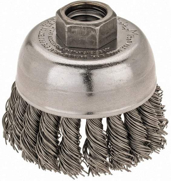 Weiler - 2-3/4" Diam, 5/8-11 Threaded Arbor, Steel Fill Cup Brush - 0.02 Wire Diam, 7/8" Trim Length, 14,000 Max RPM - A1 Tooling