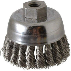 Weiler - 2-3/4" Diam, 1/2-13 Threaded Arbor, Stainless Steel Fill Cup Brush - 0.02 Wire Diam, 7/8" Trim Length, 14,000 Max RPM - A1 Tooling