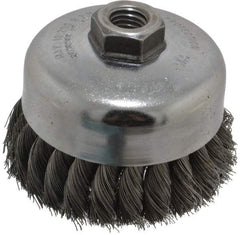 Weiler - 4" Diam, 5/8-11 Threaded Arbor, Steel Fill Cup Brush - 0.014 Wire Diam, 1-1/4" Trim Length, 9,000 Max RPM - A1 Tooling