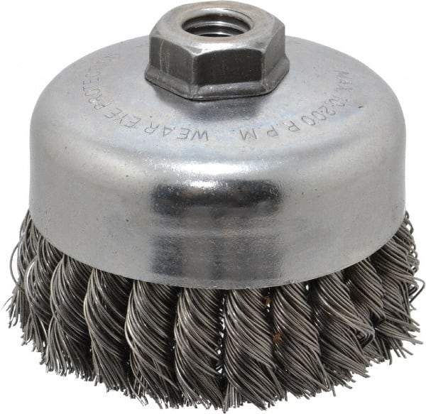 Weiler - 4" Diam, 5/8-11 Threaded Arbor, Steel Fill Cup Brush - 0.023 Wire Diam, 1-1/4" Trim Length, 9,000 Max RPM - A1 Tooling