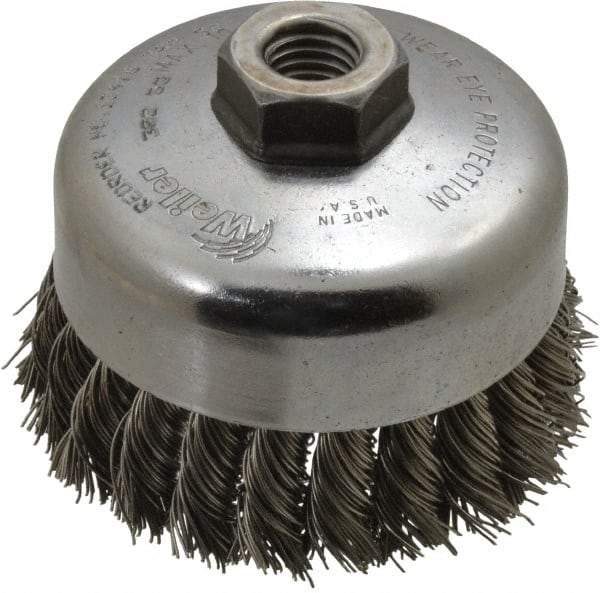 Weiler - 4" Diam, 5/8-11 Threaded Arbor, Stainless Steel Fill Cup Brush - 0.023 Wire Diam, 1-1/4" Trim Length, 9,000 Max RPM - A1 Tooling