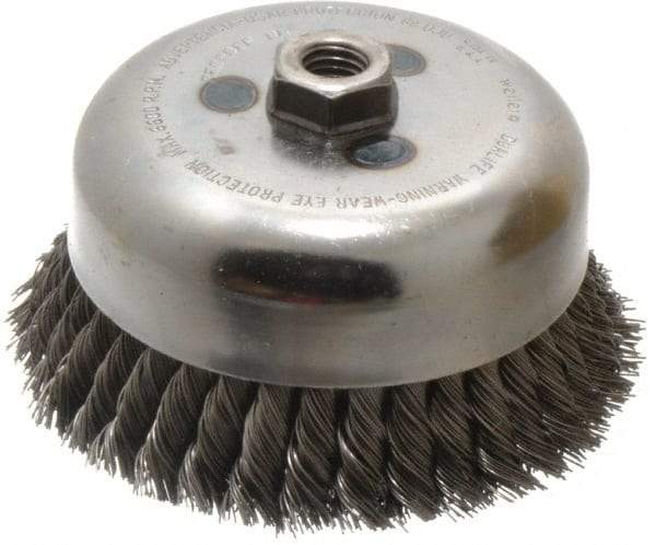 Weiler - 6" Diam, 5/8-11 Threaded Arbor, Steel Fill Cup Brush - 0.023 Wire Diam, 1-3/8" Trim Length, 6,600 Max RPM - A1 Tooling