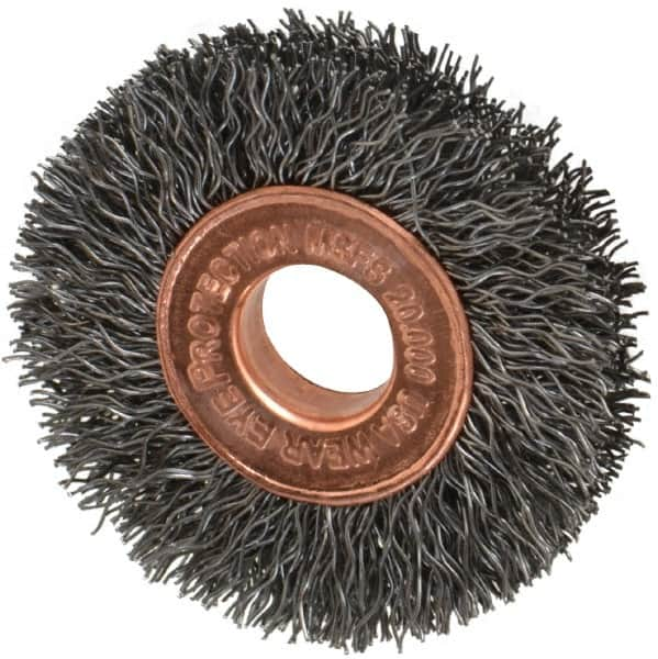 Weiler - 1-1/2" OD, 3/8" Arbor Hole, Crimped Steel Wheel Brush - 1/4" Face Width, 7/16" Trim Length, 0.0104" Filament Diam, 20,000 RPM - A1 Tooling