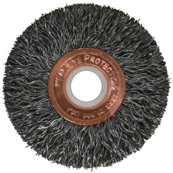 Weiler - 2" OD, 1/2" Arbor Hole, Crimped Steel Wheel Brush - 3/8" Face Width, 1/2" Trim Length, 0.0118" Filament Diam, 20,000 RPM - A1 Tooling