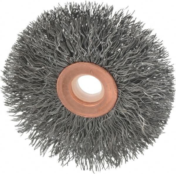 Weiler - 2-1/2" OD, 1/2" Arbor Hole, Crimped Steel Wheel Brush - 1/2" Face Width, 3/4" Trim Length, 0.0118" Filament Diam, 20,000 RPM - A1 Tooling