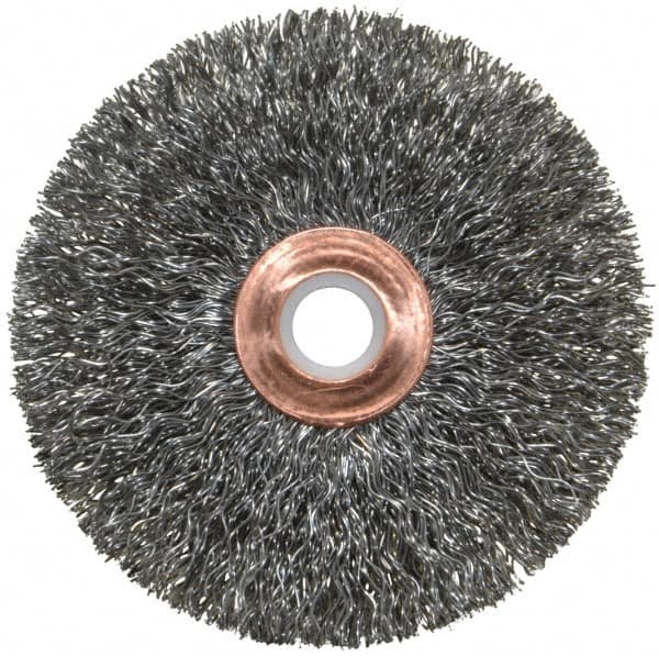 Weiler - 3" OD, 1/2" Arbor Hole, Crimped Steel Wheel Brush - 5/8" Face Width, 1" Trim Length, 0.0118" Filament Diam, 20,000 RPM - A1 Tooling