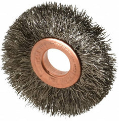 Weiler - 2" OD, 1/2" Arbor Hole, Crimped Stainless Steel Wheel Brush - 3/8" Face Width, 1/2" Trim Length, 0.0104" Filament Diam, 20,000 RPM - A1 Tooling