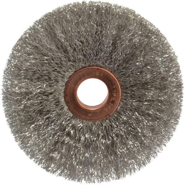 Weiler - 3" OD, 1/2" Arbor Hole, Crimped Stainless Steel Wheel Brush - 5/8" Face Width, 1" Trim Length, 0.006" Filament Diam, 20,000 RPM - A1 Tooling