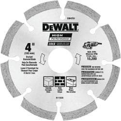 DeWALT - 4" Diam, 5/8 & 7/8" Arbor Hole Diam, 8 Tooth Wet & Dry Cut Saw Blade - Diamond-Tipped, Straight Action, Standard Round Arbor - A1 Tooling