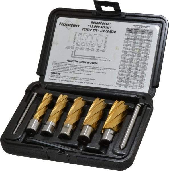 Hougen - 9 Piece, 9/16 to 1-1/16" Cutter Diam, 2" Cutting Depth, High Speed Steel Annular Cutter Set - TiN Finish, 3/4" Shank Diam, 9/16, 11/16, 13/16, 15/16, 1-1/16" Cutter Diams, 2 Flats on Shank - A1 Tooling